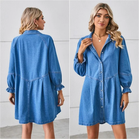 Flounce Dream Mini Denim Dress - Light Blue